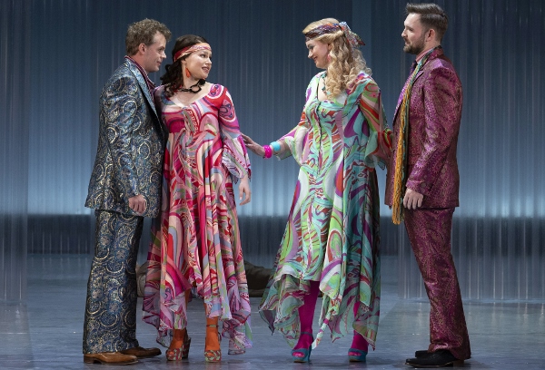 James Newby as Demetrius, Peter Kirk as Lysander, Siân Griffiths as Hermia and Camilla Harris as Helena in Opera North's A Midsummer Night's Dream cr Richard H Smith