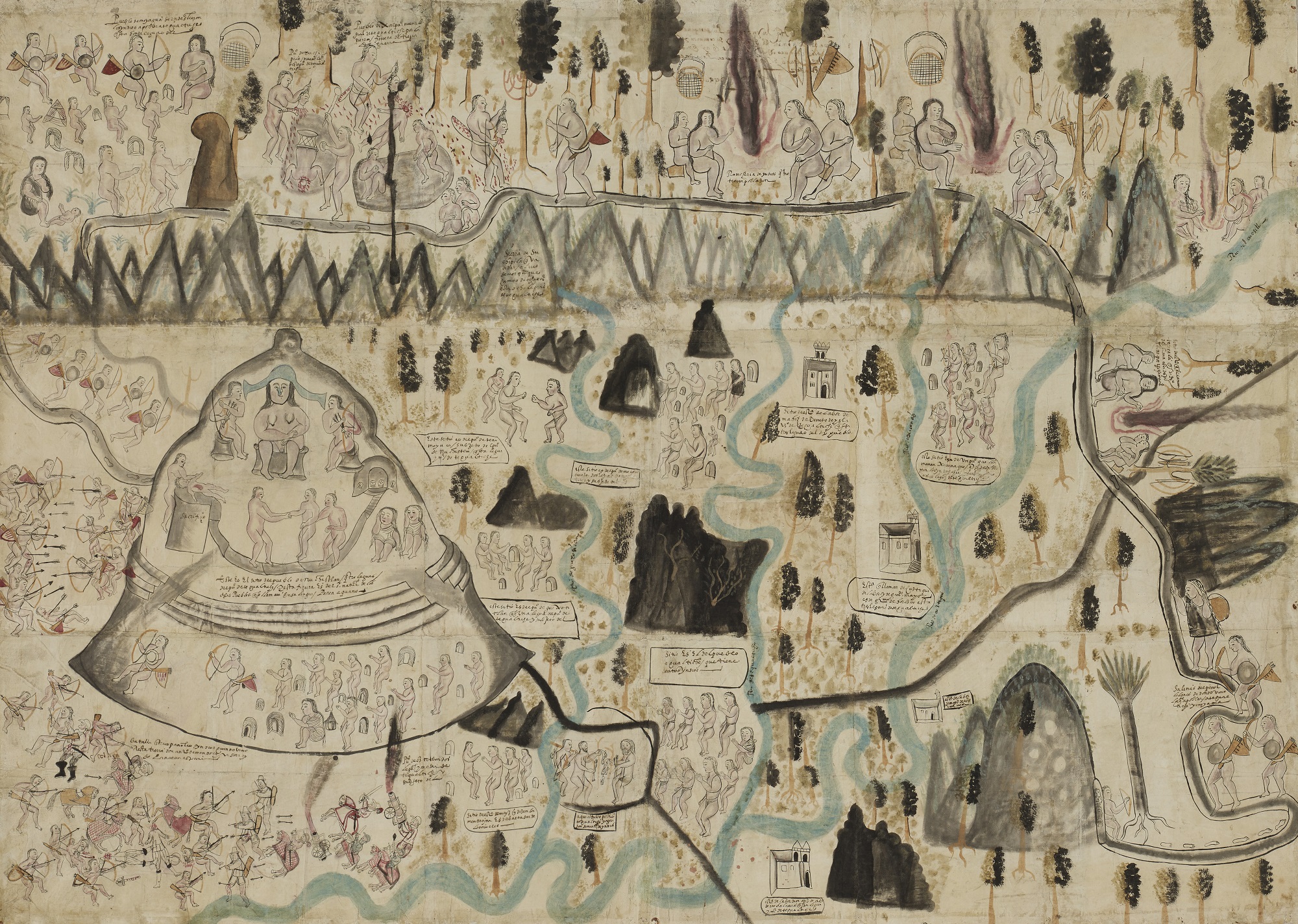 Map of Tequaltiche, Teocaltiche, Jalisco, Mexico, 1584 Watercolour and ink on paper, 86.3 x 124.5 cm On loan from The Hispanic Society of America, New York, NY
