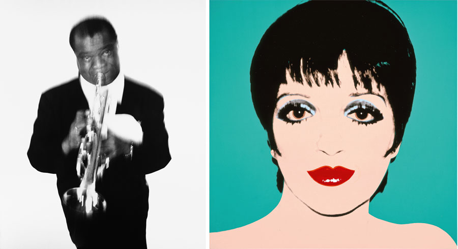Left: Richard Avedon, Louis Armstrong, musician, Newport Jazz Fesitival, Newport, Rhode Island, May 3, 1955, Gelatin silver print; Right: Andy Warhol, Liza Minelli, 1976, Acrylic and silkscreen ink on linen, The Andy Warhol Museum, Pittsburgh © 2015