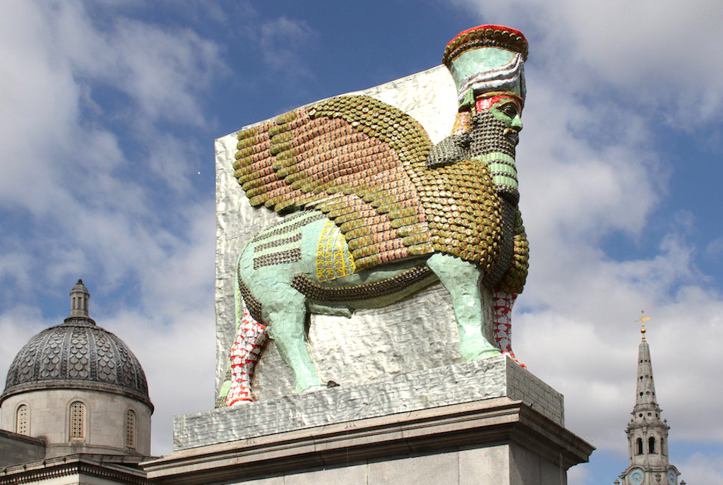 The invisible enemy should not exist (Lamassu of Nineveh) 2018 by Michael Rakowitz. Photographed on Fourth Plinth Trafalgar Square by Gautier DeBlonde