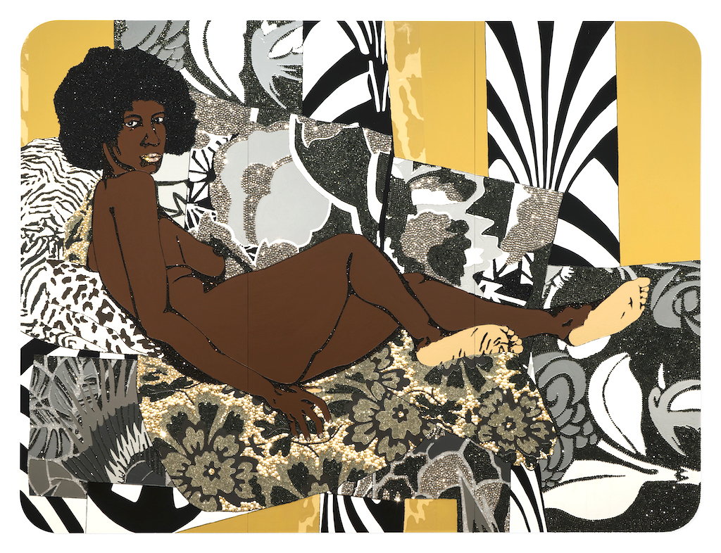 Mickalene Thomas, A Little Taste Outside of Love, 2007, Rhinestones, acrylic, and enamel on wood panel, 108 x 144 in (274.3 x 365.8 cm) © Mickalene Thomas