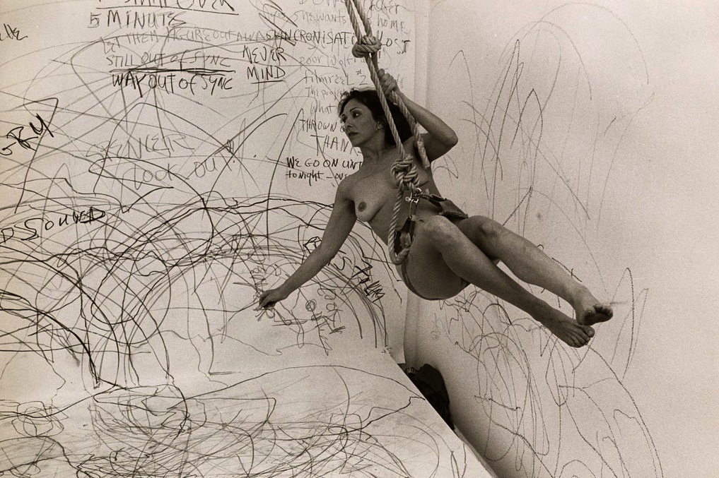 'Up to and Including Her Limits', 10 June 1976 by Carolee Schneeman at Studiogalerie, Berlin Photograph by Henrik Gaard Carolee Schneemann Papers, Getty Research Institute, Los Angeles (950001) © Carolee Schneemann Foundation / ARS, New York and DACS, London 2022
