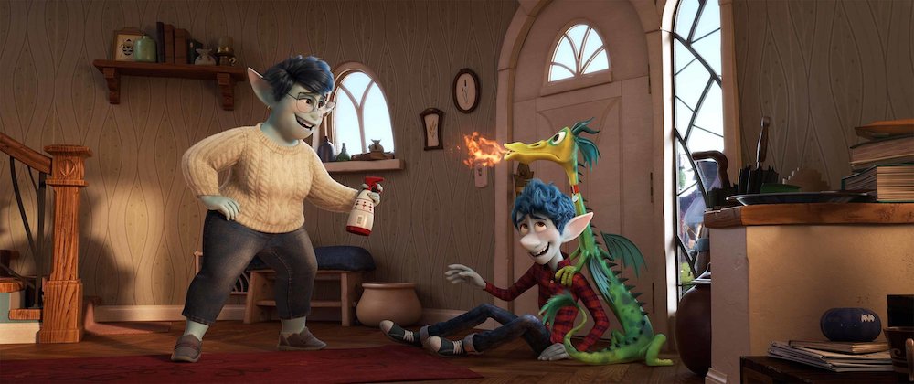 Laurel (voiced by Julia Louis-Dreyfus) and Ian (voiced by Tom Holland) with their pet dragon in Onward