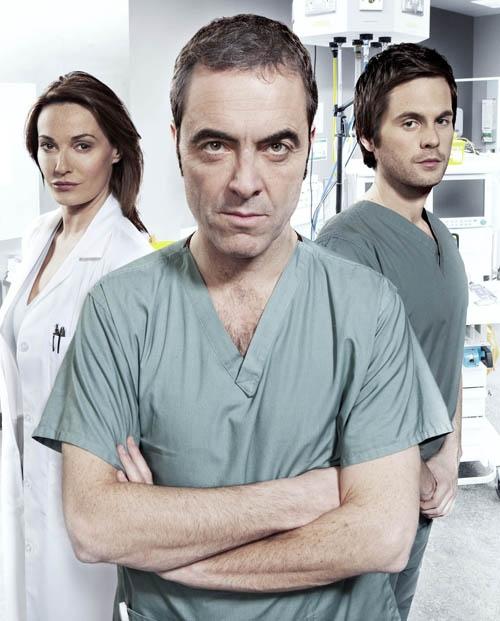 (Left to right) Sarah Parish, James Nesbitt and Tom Riley on the alert for flying one-liners in 'Monroe' 