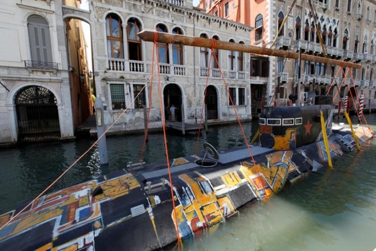 Moored in Venice: One of Alexander Ponomarev's brightly festooned submarines