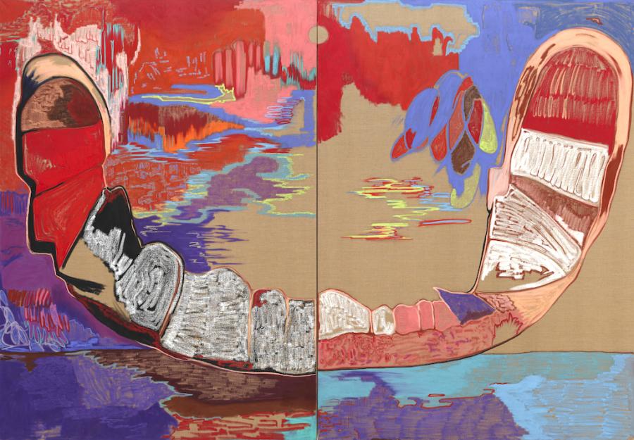 Gated Canyons, 2024 by Rachel Jones. Oil stick and oil pastel on linen Courtesy the artist. Photography by Eva Herzog