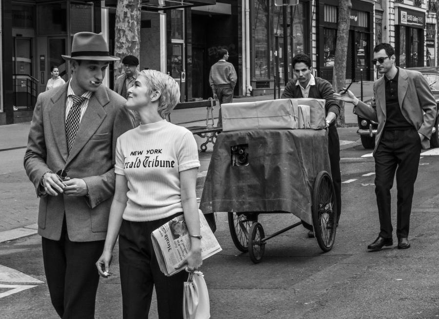 Aubry Dullin as Belmondo, Zoey Deutch as Jean Seberg and Guillaume Marbeck, far right, as Godard in Nouvelle Vague