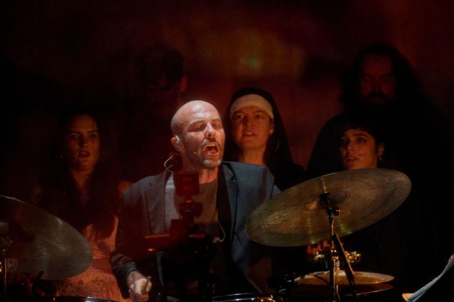 Romain Bly with instrumentalists in 'The Curing Line'