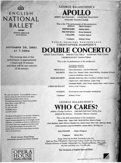 Playbill for Hampson's new Double Concerto, Balanchine double, Manchester