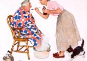 'Tender Years - Treating a Cold', 1957 is typical of Norman Rockwell's gentle humour 